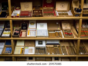 SANTO DOMINGO, DOMINICAN REPUBLIC - NOVEMBER 20, 2014: Assortment Of Dominican And Imported Cigars On Display At Cigar Shop In Santo Domingo