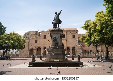 Santo Domingo, Dominican Republic, September 7, 2019: Columbus Park in the Colonial Zone of Santo Domingo with the Primate Cathedral of America in the background