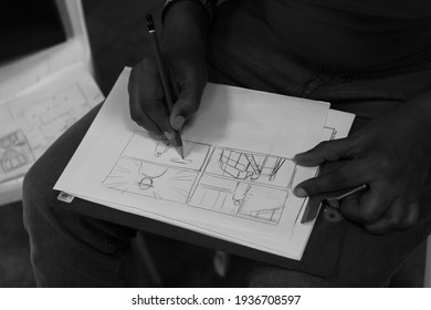 Santo Domingo, Rd - March 24 2018 - Young Cartoonist Prepares Storyboard For Rehearsal Scene: Carta De Un Sicario, Dominican Movie