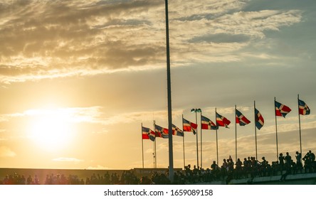 Santo Domingo/Dominican Republic- Feb 27 2020: Peaceful Protest In DR Over Cancellation Of Elections, The Sunset With People Gathered In Plaza De La Bandera