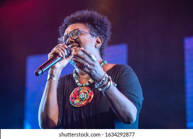 SANTO DOMINGO/DOMINICAN REPUBLIC- FEBRUARY 2, 2020: Foreground Of The Dominican Singer And Composer Xiomara Fortuna While Performs Onstage During Santo Domingo Pop Festival. Folklore And Jazz Music.