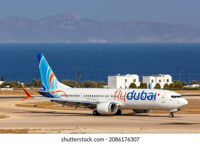 Santorini, Greece - August 4, 2021: FlyDubai Boeing 737 MAX 9 airplane at Santorini airport (JTR) in Greece.