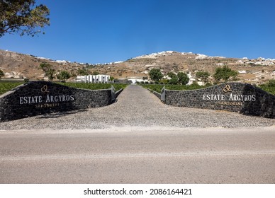 Santorini, Greece - July 2, 2021: Estate Argyros has been established in 1903,  It is the largest private owner of vineyards in Santorini and the current landholdings exceed 120 ha
