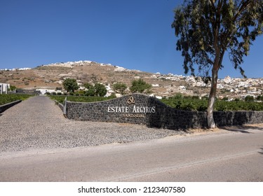 Santorini, Greece - July 2, 2021: Estate Argyros has been established in 1903,  It is the largest private owner of vineyards in Santorini and the current landholdings exceed 120 