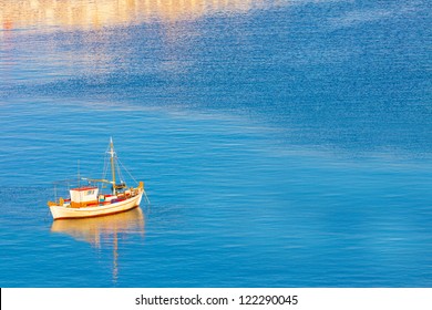 Santorini Greece, White Boat at dawn, Santorini island Greece