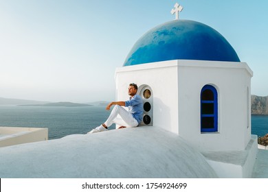 Santorini Greece, Young Men On Vacation At The Island Of Greece Santorini Europe