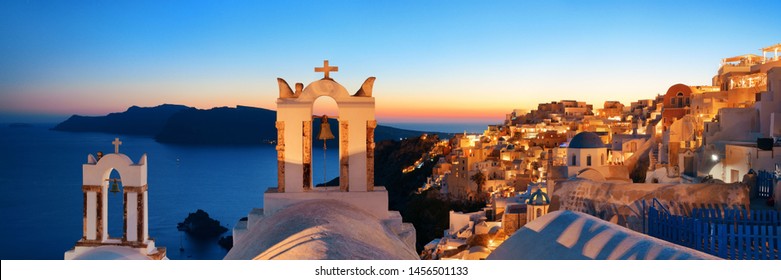 Santorini skyline at night with buildings and bell tower in Greece. - Shutterstock ID 1456501133