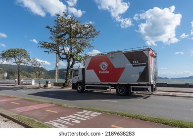 Santos City, Brazil. Aug 10, 2022: Military Police Truck With Elevated Observation Deck Parked On Beachfront Promenade.