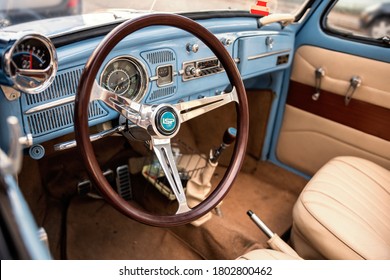 Santos, São Paulo - Brazil - April, 20, 2018: Interior of a 1966 blue VW Beetle.
