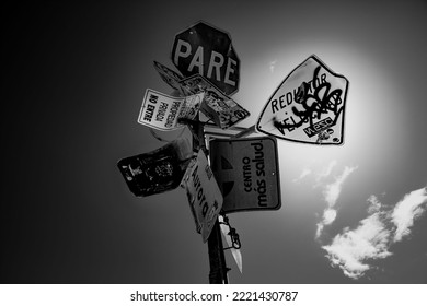 SANTURCE, PUERTO RICO - Oct 25, 2022: A Low Angle Grayscale Shot Of Modern Art With Many Street Signs In Santurce, Puerto Rico