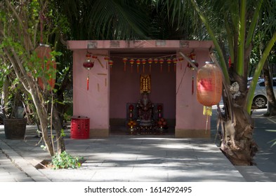 Sanya / China 2019: Sanya / China-2019: City God Temple. Religious Chinese Building For Prayer On A City Street.