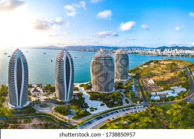 Sanya, Hainan, China - May 4th 2020: Phoenix Island Scenic View with Modern Architecture and Cruise Home Port , an Landmark Artificial Island in Sanya City, a Beautiful Tropical Tourism Destination.