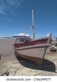 Sao Joao Da Barra/RJ/Brazil - January 01 2020: White And Red Boat Standing On The River