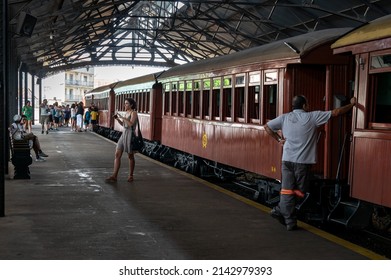 SAO JOAO DEL REI, MINAS GERAIS - BRAZIL: OCT 22, 2016: The platform of Sao Joao del Rei train station right after the arrival of the steam locomotive passenger train from Tiradentes village.