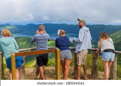 Sao Miguel, Azores island, Portugal, August 14, 2020: People at the Lake of Sete Cidades, a volcanic crater lake on Sao Miguel island, Azores, Portugal. View from Boca do Inferno