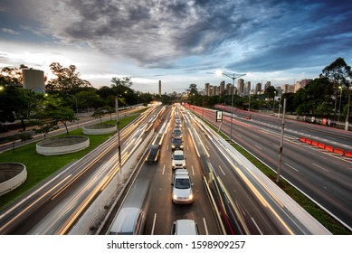 SAO PAOLO, BRAZIL - NOV 22: Scene Overlooking A Highway In Sao Paolo, Brazil On November 22, 2019.  Traffic Is Common In The Sprawling City Of About 15 Million People.  