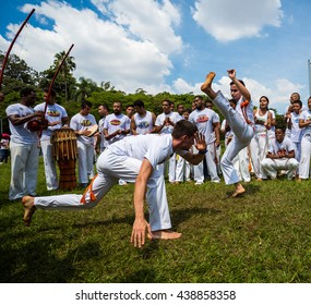 Sao Paulo, Brazil, 03 April 2016. Group of Brazilian capoeiristas performing at the Ibirapuera Park in Sao Paulo, Brazil.