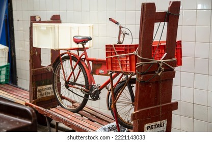 Sao Paulo - Sao Paulo - Brazil - 11-15-2015: Empty Red Cargo Bike At Sao Paulo's Municipal Market.