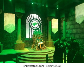 Sao Paulo, Sao Paulo - Brazil - 12/05/2018 - Comic Con Experience 2018 CCXP - Guest Taking Picture Seated On The Throne Of Game Of Thrones On HBO.