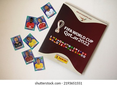 SAO PAULO, BRAZIL - AUG 24th, 2022: Selective Focus Of A Panini 2022 FIFA World Cup Qatar Official Licensed Sticker Album. 
