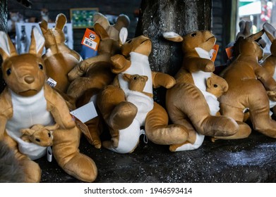 SAO PAULO, BRAZIL - AUG 31, 2015 - A Shelf Full Of Kangaroo Plushies With Babies In The Pouch Inside The Gift And Souvenir Shop Of Sao Paulo Aquarium.