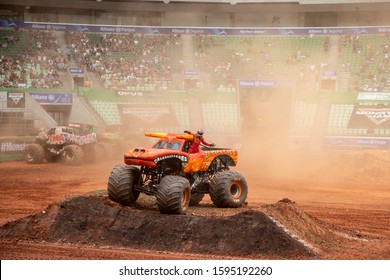 Sao Paulo, BrazilDec 21, 2019Big foot truck in action during a round of racing. Monster Jam 2019 was held at Allianz Park Stadium.