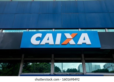 Sao Paulo, Brazil -  december 29 2019 - Building and logo of bank branch of Caixa Economica Federal ( CEF ). Is a financial institution, in the form of a public company.
