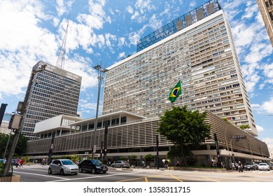 Sao Paulo, Brazil. February 02, 2013. Crossing Of Avenida Paulista And Rua Augusta. The National Ensemble Is Highlighted.