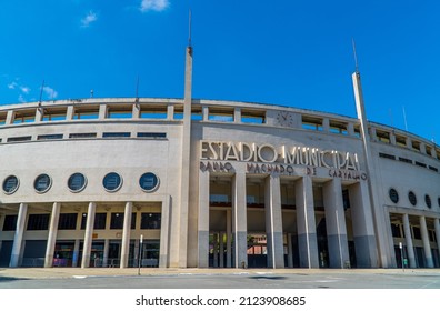 Sao Paulo, Brazil - February 11, 2022 - Street-level View Of The Museo Do Futebol - Football Museum In The Pacaembu Stadium