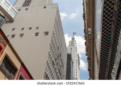 Sao Paulo, Brazil - February 7, 2021 - 25 De Marco Street With A View Of The Altino Arantes Building.