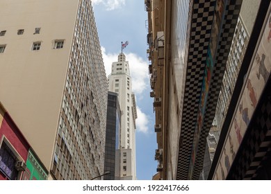 Sao Paulo, Brazil - February 7, 2021 - 25 De Marco Street With A View Of The Altino Arantes Building.