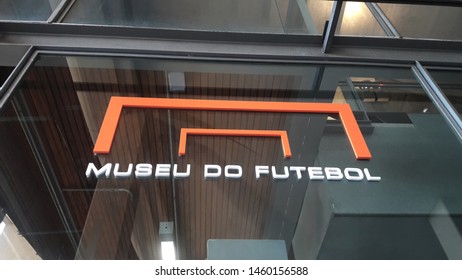 Sao Paulo / Brazil - July 23 2019: Museu Do Futebol (Soccer Museum) Located At The Pacaembu Stadium, Including Signed Jerseys, Referee's Objects, Architectural Model, And Futmesa Outdoors. 