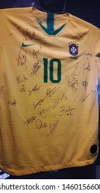 Sao Paulo / Brazil - July 23 2019: Museu Do Futebol (Soccer Museum) Located At The Pacaembu Stadium, Including Signed Jerseys, Referee's Objects, Architectural Model, And Futmesa Outdoors. 