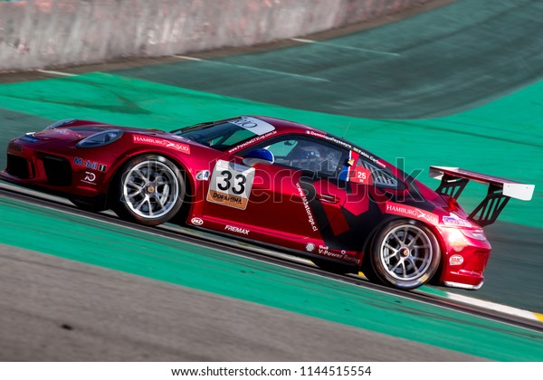 Sao Paulo, Brazil\
July, 28 2018\
Car in action\
during the 5th stage of the 2018 Brazilian Porsche GT3 Cup\
championship at Interlagos circuit. The race in doubles was 300km\
long, with almost 3 hours.