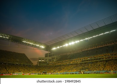 SAO PAULO, BRAZIL - June 12, 2014: Soccer fans during the World Cup Group A opening game between Brazil and Croatia at Corinthians Arena. No Use in Brazil. 