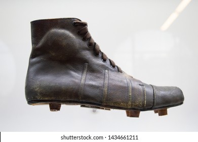 Sao Paulo / Brazil - June 25 2019: Museu Do Futebol (Soccer Museum) At Pacaembu Stadium Located In Sao Paulo, Including Its Facade, Olympic Medals, Soccer Balls, Soccer Shoes, And Jerseys. 