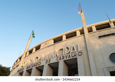 Sao Paulo / Brazil - June 25 2019: Museu Do Futebol (Soccer Museum) At Pacaembu Stadium Located In Sao Paulo, Including Its Facade, Olympic Medals, Soccer Balls, Soccer Shoes, And Jerseys. 