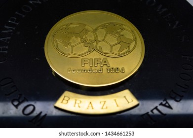 Sao Paulo / Brazil - June 25 2019: Museu Do Futebol (Soccer Museum) At Pacaembu Stadium Located In Sao Paulo, Including Its Facade, Olympic Medals, Soccer Balls, Soccer Shoes, And Jerseys. 