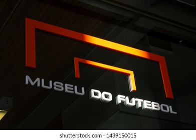 Sao Paulo / Brazil - June 25 2019: Closeup Of The Lettering Of The Museu Do Futebol (Soccer Museum) Located At Pacaembu Stadium. 