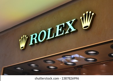 Sao Paulo / Brazil - May 03 2019: Closeup Of The Lettering On A Shop With The Luxury Watch's Brand Name Rolex, Located In Sao Paulo, Brazil.