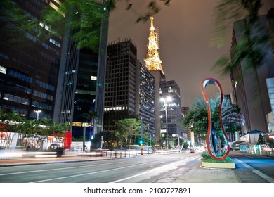 SAO PAULO, BRAZIL - May 04, 2018: An Urban Scenery Of The Streets In Sao Paolo At Night, Brazil