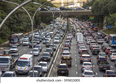 Sao Paulo, Brazil, May 07, 2013 Traffic Jam In 23 De Maio Avenue, Downtown Sao Paulo