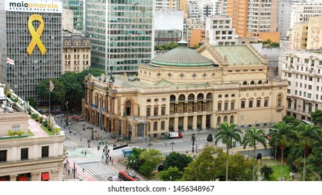 SAO PAULO, BRAZIL - MAY 15, 2019: Cityscape With Municipal Theatre Of São Paulo, Brazil