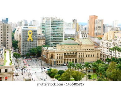 SAO PAULO, BRAZIL - MAY 15, 2019: Cityscape With Municipal Theatre Of São Paulo, Brazil