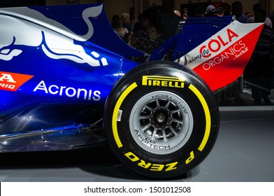 SAO PAULO, BRAZIL - NOV 15, 2018: Rear End Close Up Of A Toro Rosso STR13 Formula 1 Car Powered By Honda RA618H 1.6L Engine Displayed Inside Honda Pavilion At 2018 Sao Paulo International Motor Show