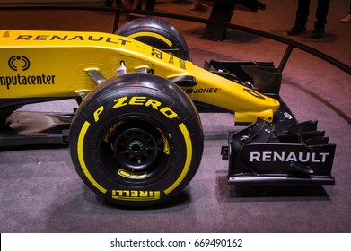 SAO PAULO, BRAZIL - NOVEMBER 14, 2016: Close Up Shot Of The Front End Of A Renault R.S.16 Formula 1 Racing Car. Car Displayed Inside Renault Pavilion At 2016 Sao Paulo International Motor Show. 