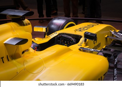 SAO PAULO, BRAZIL - NOVEMBER 14, 2016: A Close Up Of The Cockpit Of The Renault R.S.16 Formula 1 Racing Car. Car Displayed Inside Renault Pavilion At 2016 Sao Paulo International Motor Show. 