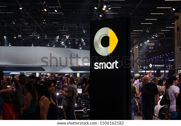 SAO PAULO,\
BRAZIL - NOVEMBER 15, 2018: The Smart totem pole (German automotive\
brand and division of Daimler AG) inside Smart pavilion at 2018 Sao\
Paulo International Motor\
Show.