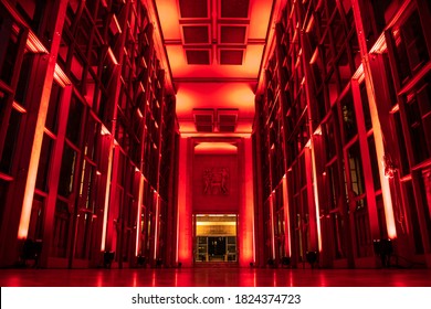 Sao Paulo, Brazil, November 20, 2019. Entrance Hall Illuminated In Red At The Jockey Club Of Sao Paulo