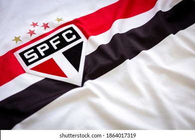 Sao Paulo, Brazil; November 27, 2020: Close Up On The Official Uniform Of The Sao Paulo Soccer Team, Team Logo And Jersey Textures.